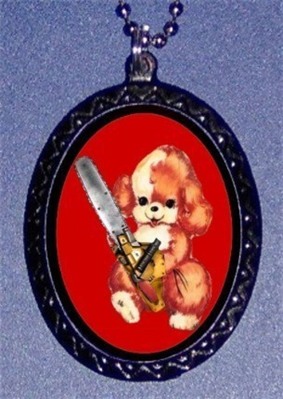 Chainsaw Puppy Dog Murderous Psychobilly Handcrafted Handcasted Metal Pendant Handpainted Black and assembled by myself with a ballchain necklace