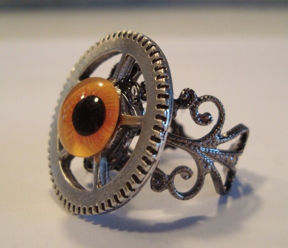 Victorian Steampunk OCULA MACHINUS Orange Glass Eye Gear Watch Clock Ring