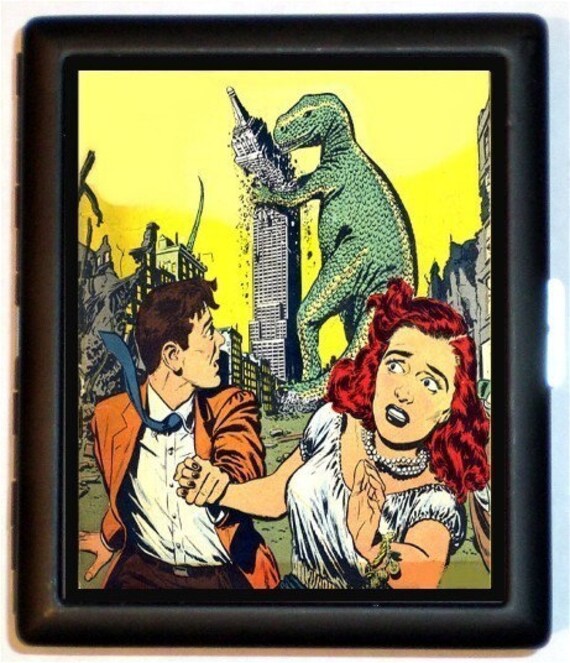 Comic Book Image Woman and Man Running from Big Monster Cigarette Id Case Business Card Holder Wallet