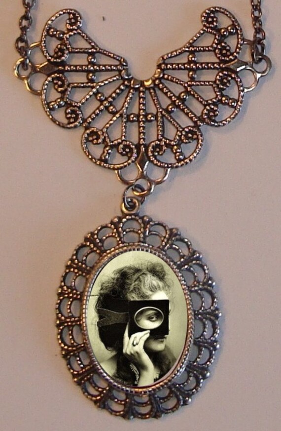 Beautiful Victorian MASKED WOMAN Victorian Silver-Tone Filigree Necklace Pendant