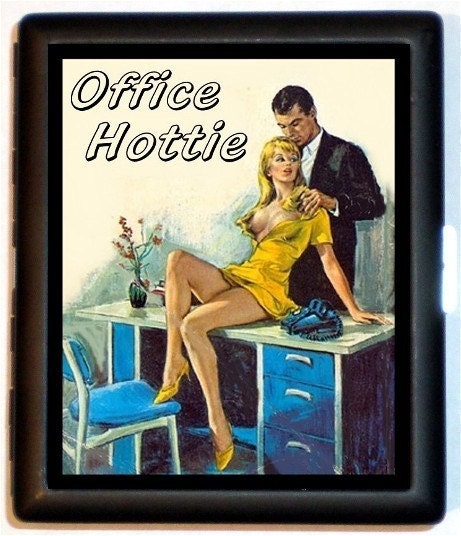 Office Hottie Retro Pulp Pinup Girl Workforce Humor Black Metal Cigarette or ID or Business Card Case Wallet