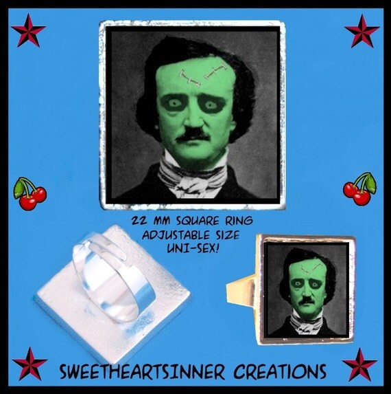 Zombie Edgar Allan Poe Author is Dead Adustable Uni-sex Silver Tone Ring