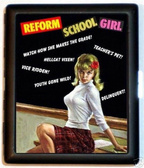 Sweetheartsinner Original Design REFORM SCHOOL GIRL Teachers Pet Pinup Sexy SchoolGirl RETRO PULP Bad Girl Black Metal Cigarette or ID or Business Card Holder Case Wallet