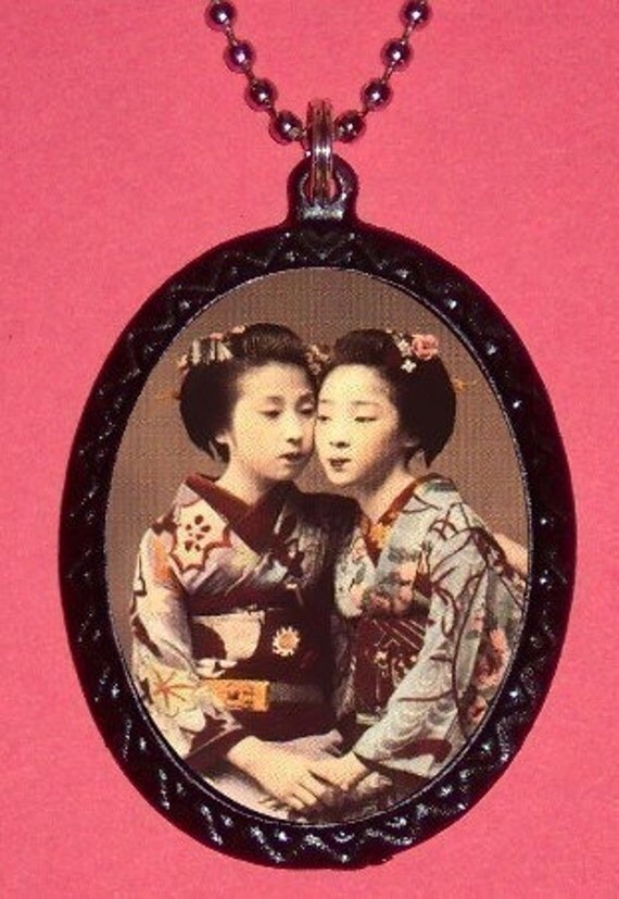 Japanese Geisha Twins Diy Necklace Pendant Japan Surreal Bizarre Best Friends