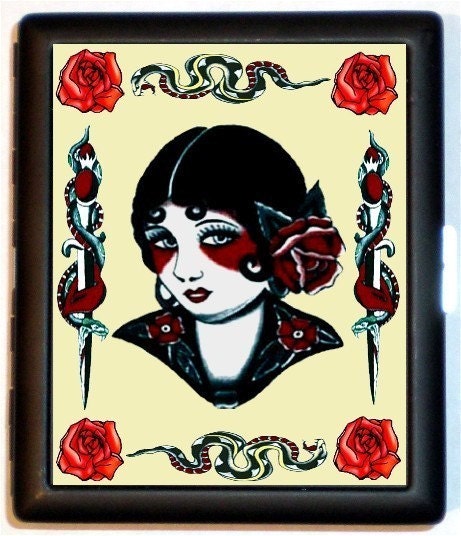 Old School Retro Snakes Tattoo Pinup Rose Roses Snake Bad Girl ID or Cigarette Case