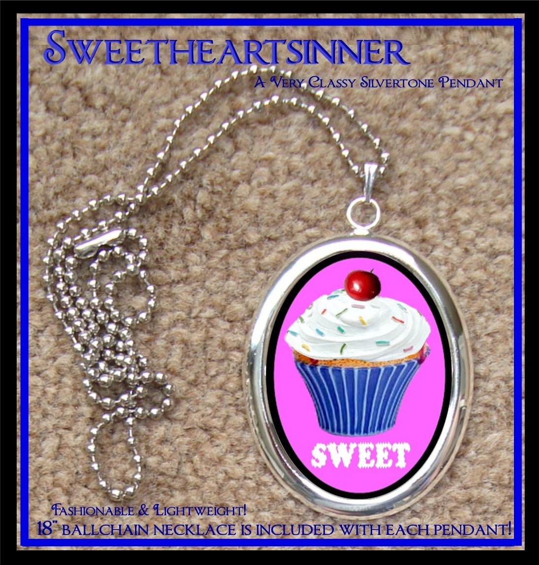 DIVINE BLISS DESIGNS - Silver Tone Pendant With Chain-Sweet Cupcake Cutie Pie for that Special Someone