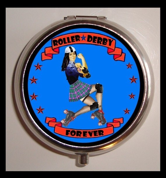 Roller Derby Forever Rosie the Riveter Feminist Pinup Skater Skating Pill box Pillbox Case Holder for Vitamins Drugs Birth Control