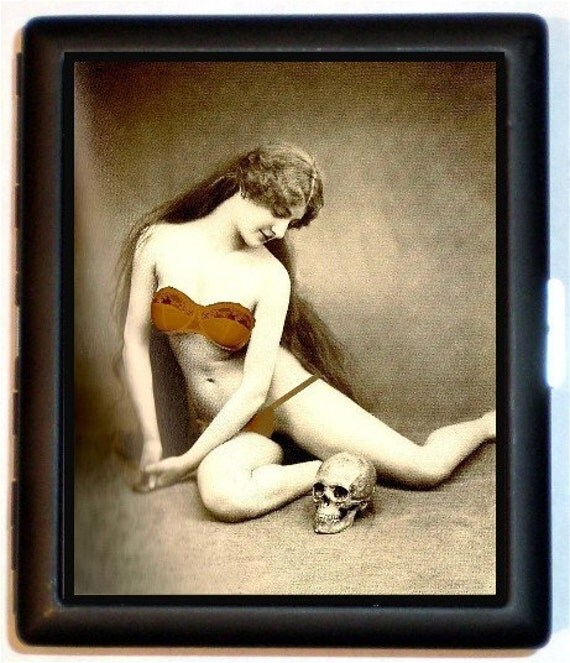 Art Nouveau Woman with Human Skull Esoteric Risque Oddity Victorian Medical Black Metal Cigarette of ID card or Wallet