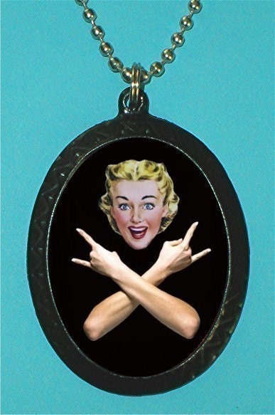 1950s Super Cheerful Kitsch Retro Housewife Makes Heavy Metal Hand Sign and Rocks Parody Spoof Pendant Necklace