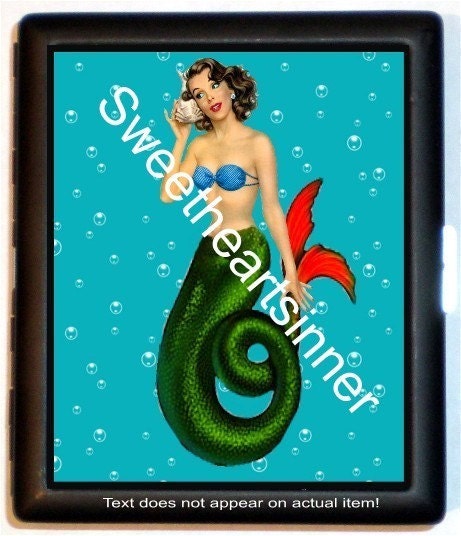 Sweetheartsinner Original Design Cutie Pie PINUP Mermaid Bubble Ocean background She likes to swim with the fishes and has fishy breath and likes to eat seafood too Black Metal Cigarette or ID or Business or ID Case Wallet