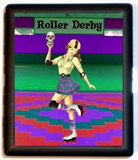 Roller Derby Skater Girl Pinup Holding Skull in a Roller Rink Punk Rock Kickass Attitude Skating Black Metal Cigarette of ID card or Wallet or Ipod Nano and Earbuds Holder Case