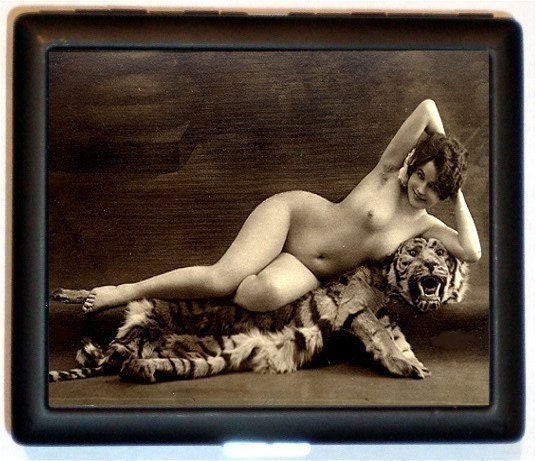 Nude Art Nouveau Edwardian Woman Sitting on Stuffed Tiger Cigarette ID Case Business Card Holder Wallet