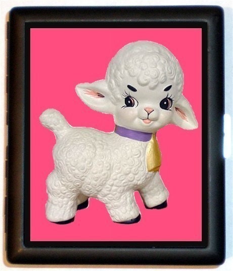 Adorable Kitsch Retro Style Lamb or Sheep Kawaii Super Cute Cigarette Case Id Holder Wallet Business Card Case