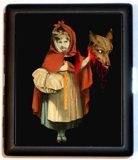 Little Red Riding Hood Slays the Big Bad Wolf Fairytale Subversion Black Metal Cigarette Case Business Card Holder Wallet