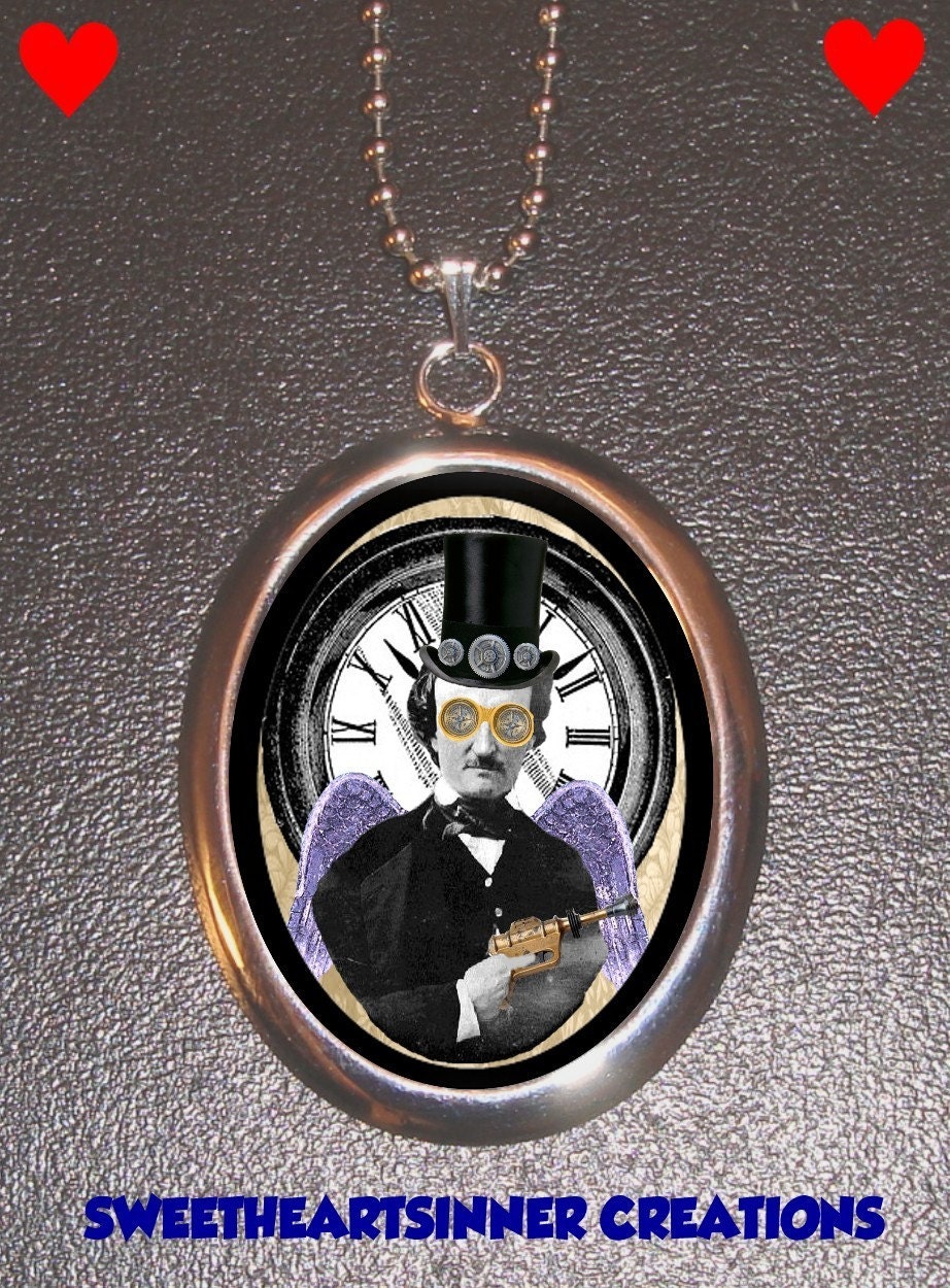 Edgar Allan Poe in Tophat Clock - Silver Tone Pendant With Chain - Steampunk sweetheartsinner Design