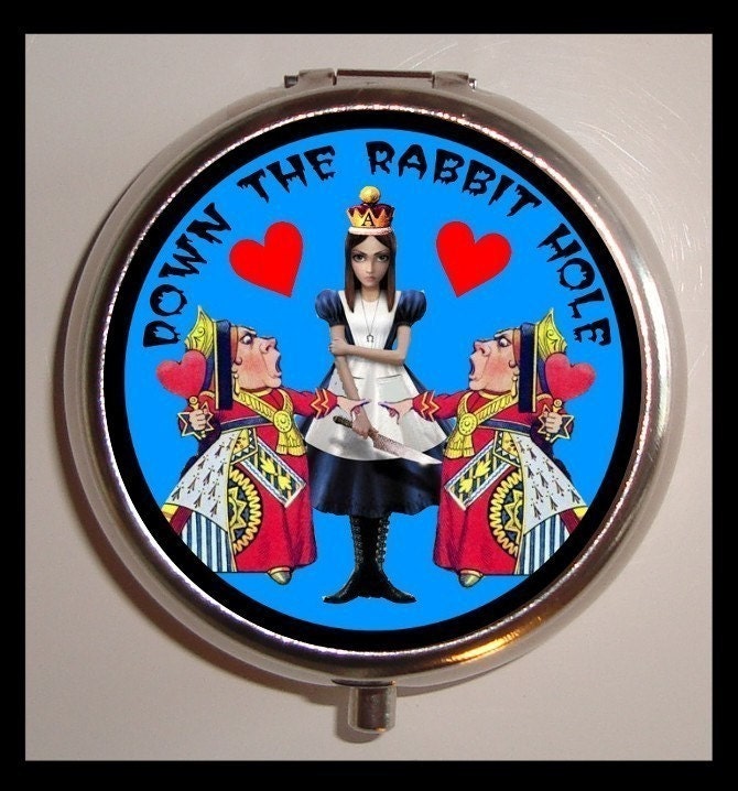 Alice in Wonderland Down the Rabbit Hole Sweetheartsinner Stainless Steel Pill Box Case-Holds Pills, Vitamins, Guitar Pics, and more