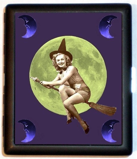 Pinup 50s Witch on Broom Over the Moon Halloween Pin Up Rockabilly Retro Cigarette ID Case Wallet Business Card Holder