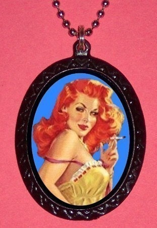 Redheaded Pinup Smoking Hot Vintage pulp design Handcrafted Handcasted Metal Pendant Handpainted Black with silvertone ballchain necklace