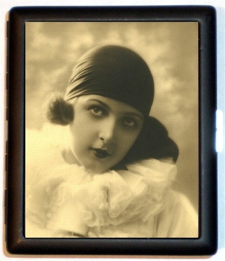 Flapper Clown Girl Pierrot French Clown Jazz Age Kitsch Cigarette Id Case business Card Holder Wallet