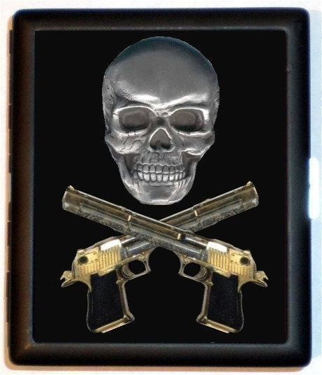 Silver Skull and Crossed Guns Revolvers SHS Design Black Metal Cigarette of ID card or Wallet or Ipod Nano and Earbuds Holder Case