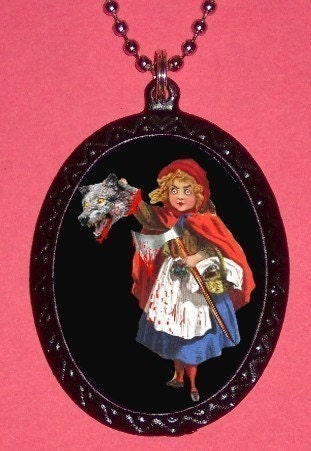 Little Red Riding Hood Demented design Slaying big bad wold with axe Pendant Necklace