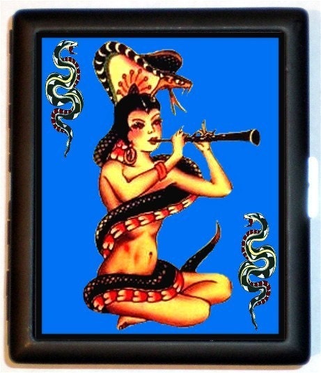 Tattoo Snake Charmer Cobra Fantasy RETRO Sexy Sideshow PINUP Black Metal Cigarette or ID or Business or ID Case Wallet