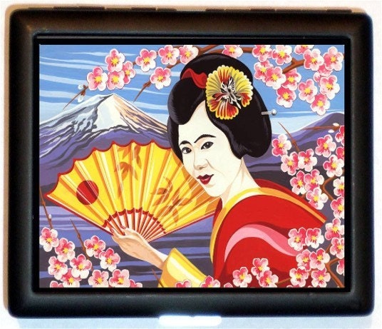 Paint By Numbers Geisha Girl  with Yellow Fan RETRO Lowbrow Kitsch ID or Cigarette Case Wallet Business Card Holder Kitsch