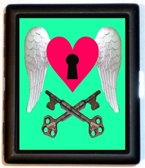 Keyhole Heart Wings Skeleton Keys Style of Skull and Crossbones Punk Goth Emo Psychobilly Cigarette or Business Card Case Wallet