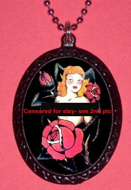 Tattoo Rose Pinup Girl Retro Classic Girlie Tattoo Handmade Handcasted Metal Pendant handpainted black and ballchain Necklace