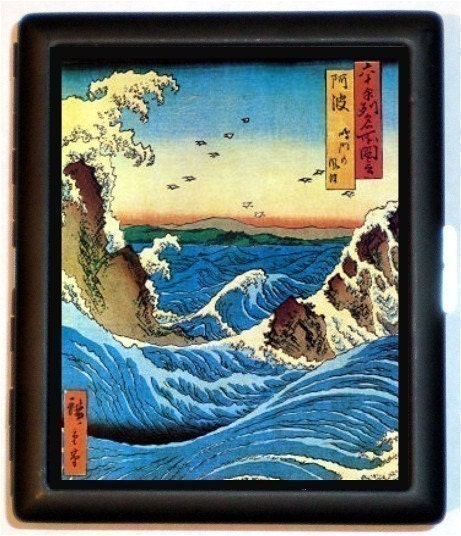Japanese Navaro Rapids circa 1855 Woodcut Block print Design on a Black Metal Cigarette or ID or Business or ID Case Wallet