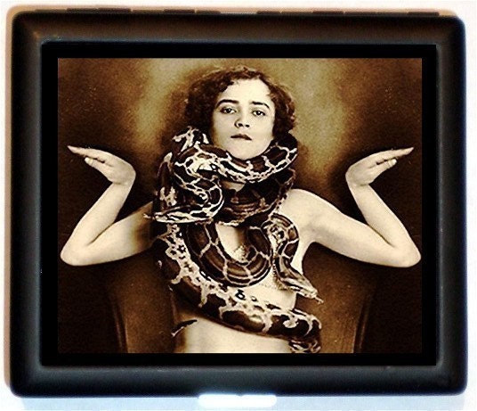 Snake Charmer Vintage Sexy Gypsy Woman Circus Sideshow Black Metal Cigarette Case or Business Card Case Wallet