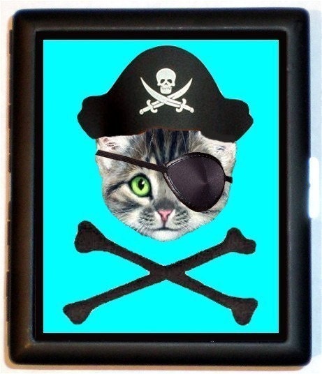 Pirate Kitty Kitten Cat with Skull Crossbones Motif Kitty Crossbones Cat with Eyepatch and Pirate Hat Cigarette Case Business Card Wallet
