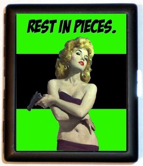 Pulp Fiction Noir Bad Girl Femme Fatatle with Gun Spoof with Words Rest in Pieces Cigarette Id Case Business Card Holder Wallet