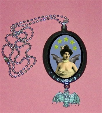 Art Nouveau Vampire Bat Woman Goth Surreal Gothic Horror Pendant Necklace with Pewter Bat Charm