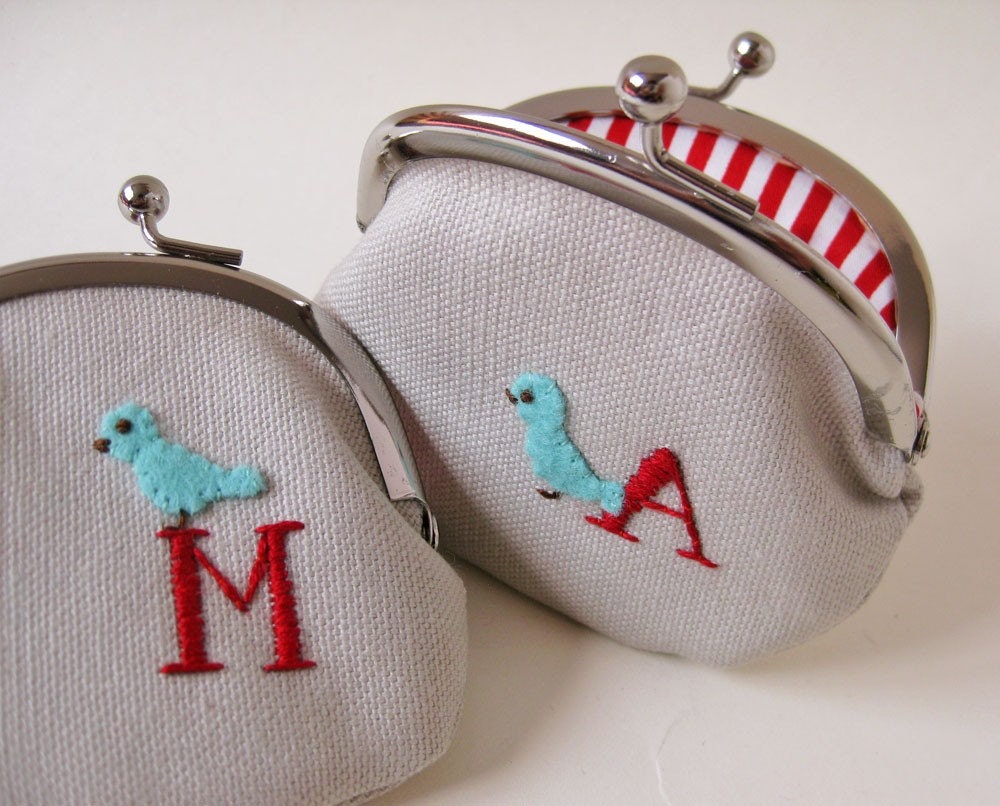 Personalized coin purse red  initial blue bird