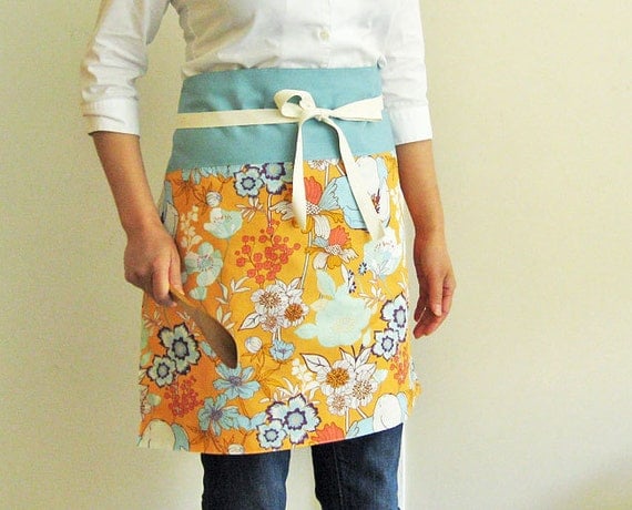 Apron  - flowers on apricot with blue band