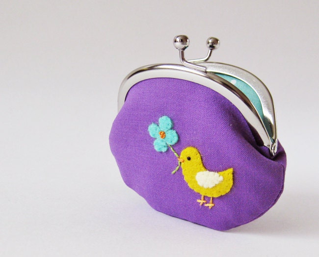 Coin purse - bird with flower on purple