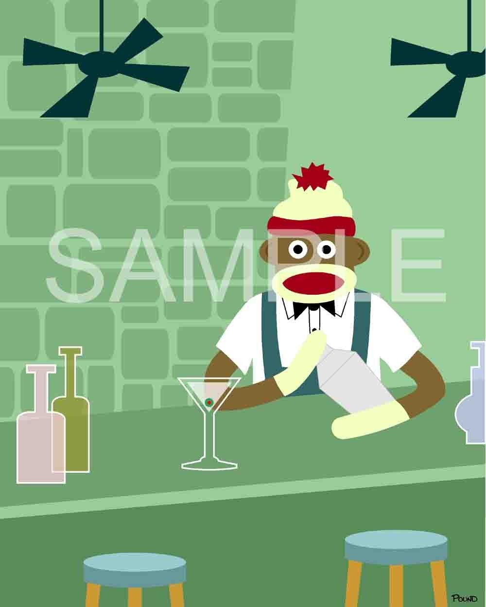 Sock Monkey Martini Bar Bartender Pop Art 8x10 Print