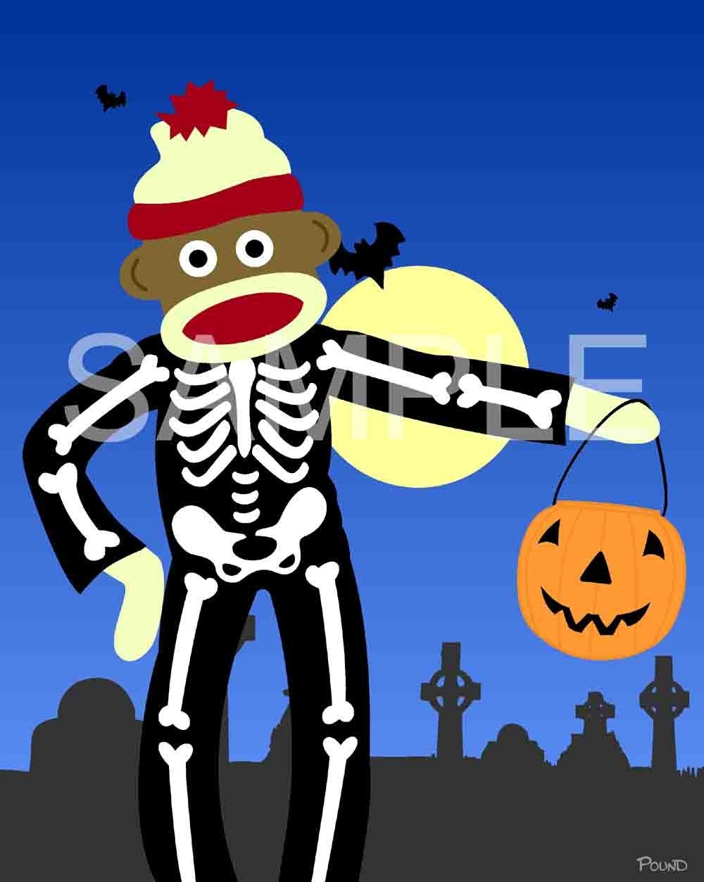Sock Monkey Halloween Skeleton Pumpkin Pop Art 8x10 Print