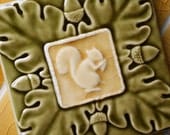 Squirrel and Acorn with Victorian Oak Leaves - Handmade Ceramic Tile for kitchen, bath or home decor