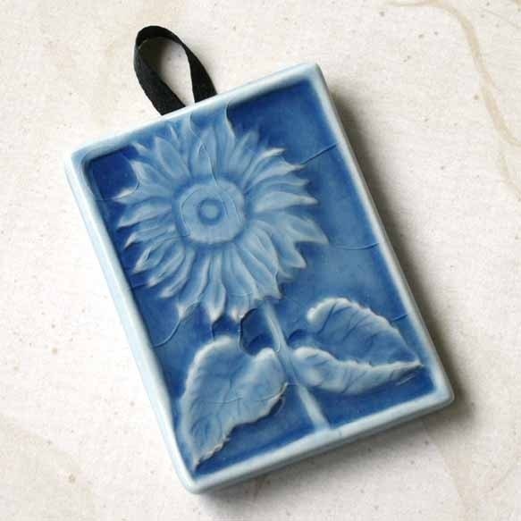 Sunflower Ornament glazed in azure blue - holidays or gift tag - Handmade Ceramic Tile Ornament