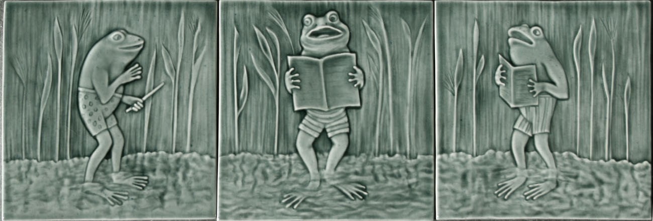 Singing Frog in Swimming Trunks - Victorian postcard image carved on handmade ceramic tile for your fireplace, kitchen, or bath