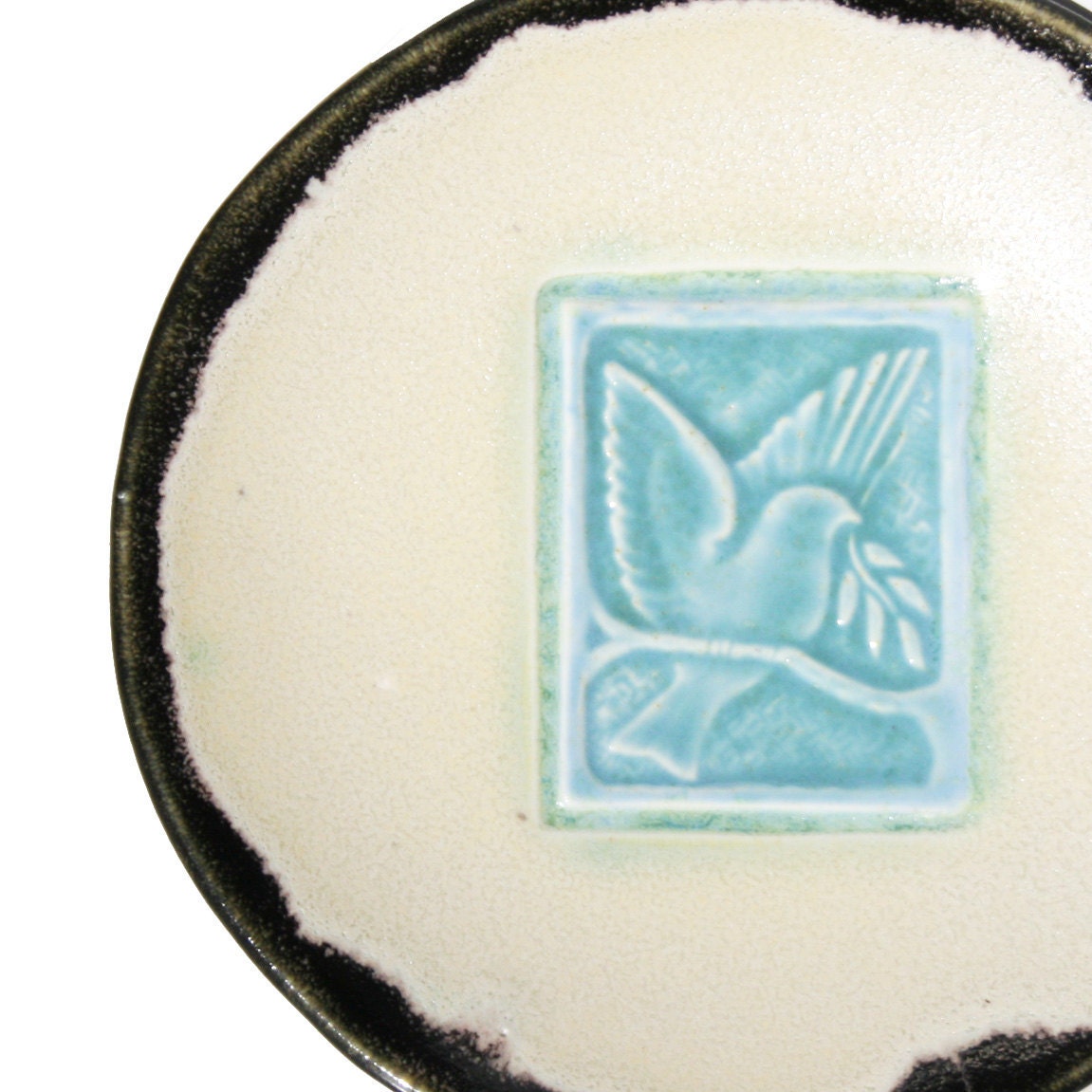 Hostess Gift - Small decorative bowl with Peace Dove on Branch - Cream, Blue and Black - for home decor or holiday gift