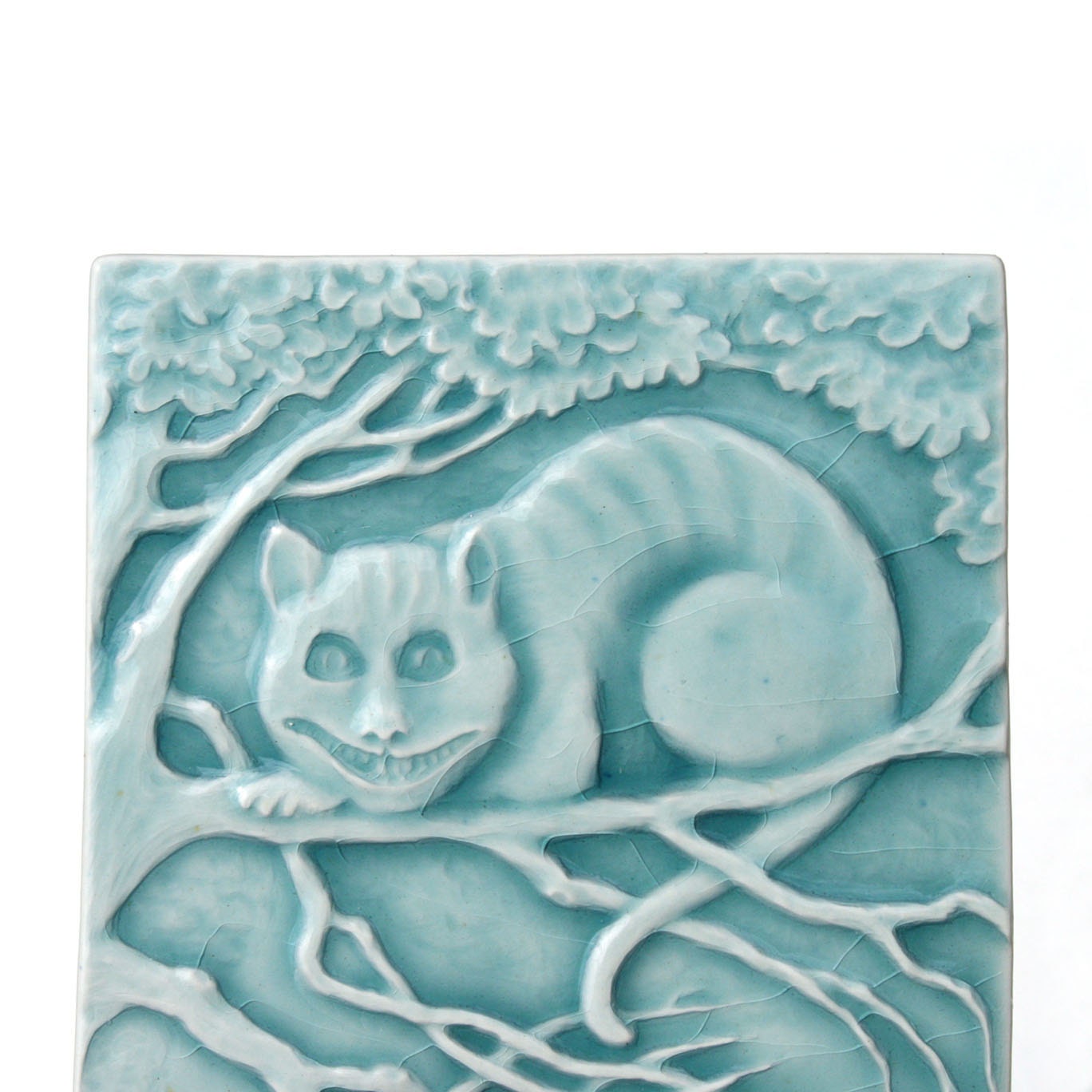 The Cheshire Cat - Alice In Wonderland - Collectible Ceramic Art Tile - Turquoise Crackle Glaze