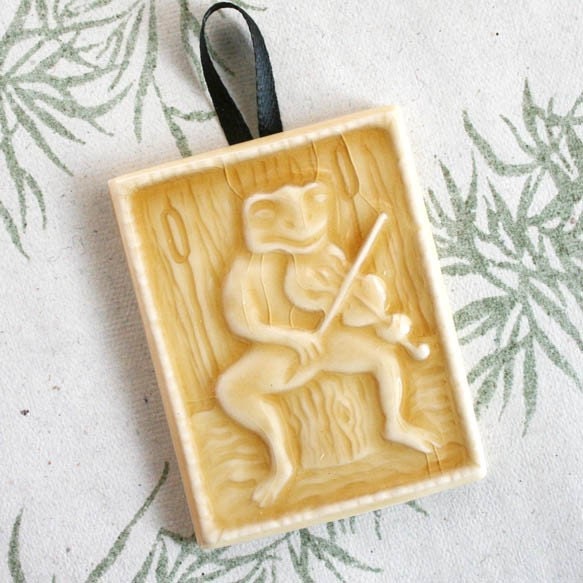 Musical Frog Fiddler with the pond band - handmade tile ornament - goldenrod