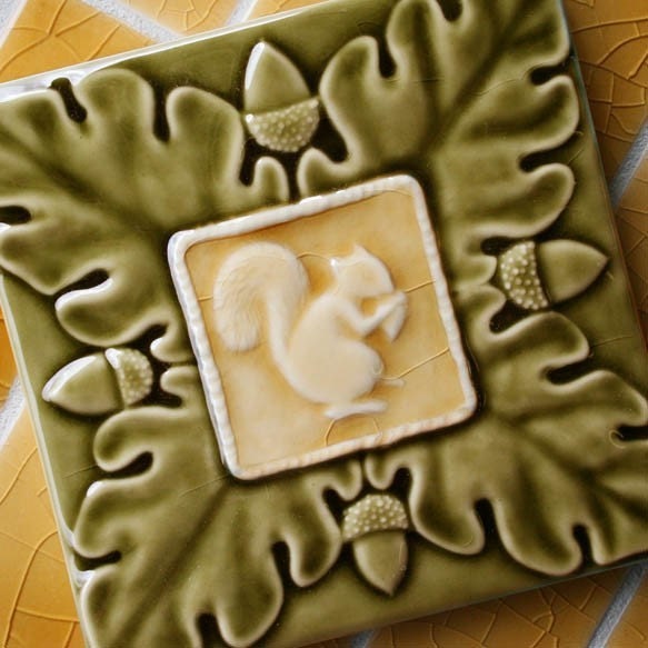 Squirrel and Acorn with Victorian Oak Leaves - Handmade Ceramic Tile for kitchen, bath or home decor