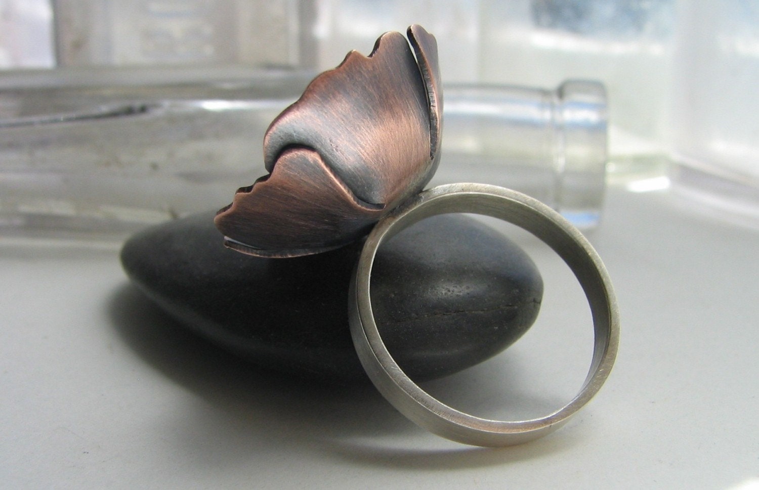 Poppy copper and sterling silver blossom ring - made to order