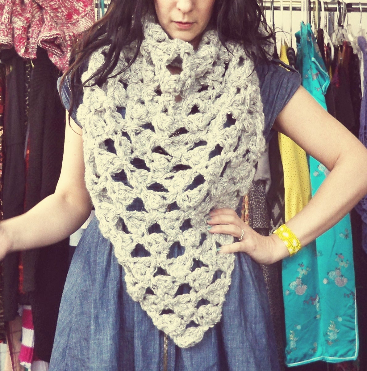 Chunky knit grey bandana scarf - ooak art scarf - oversized triangle shawl recycled wool