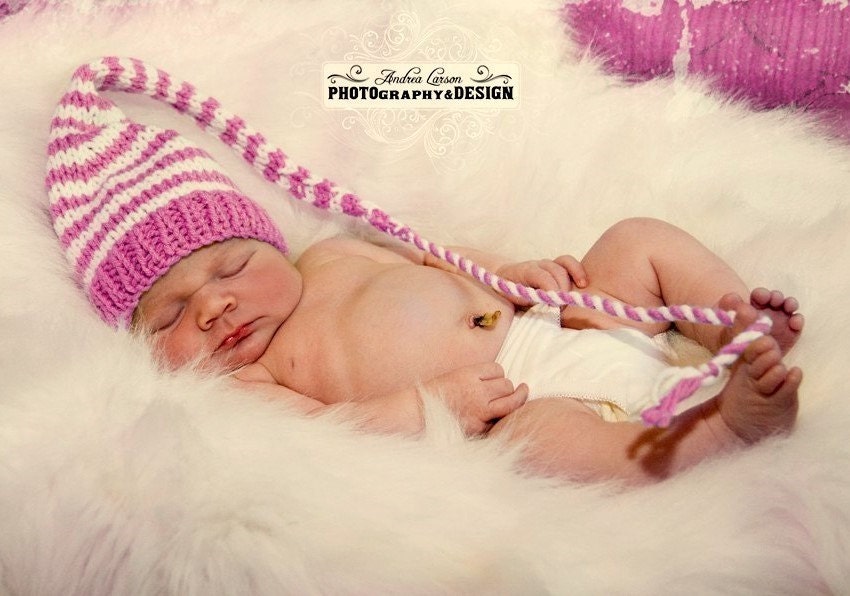 Newborn Girl Hat Baby PHoTO PRoP Stripe Long Tail Munchkin Stocking Cap Poodle Pink White PiCK CoLORs Knit to Order TaKe HoMe GiFT