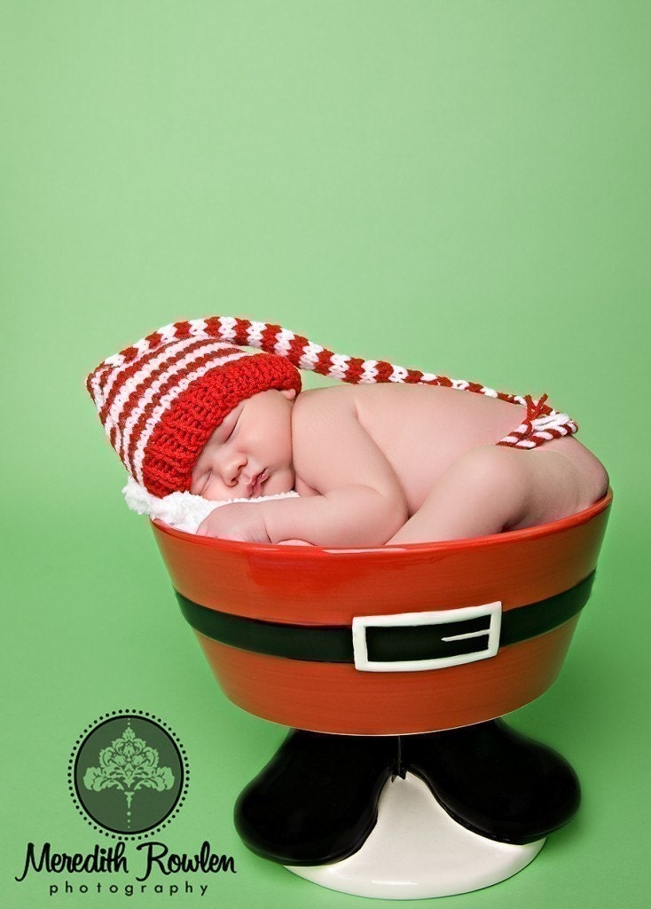 Newborn Girl Boy Christmas Baby Hat PHOTO PROP Long Tail Munchkin Pixie Stocking Cap Unigender Red White Stripe Pick Colors Knit to Order
